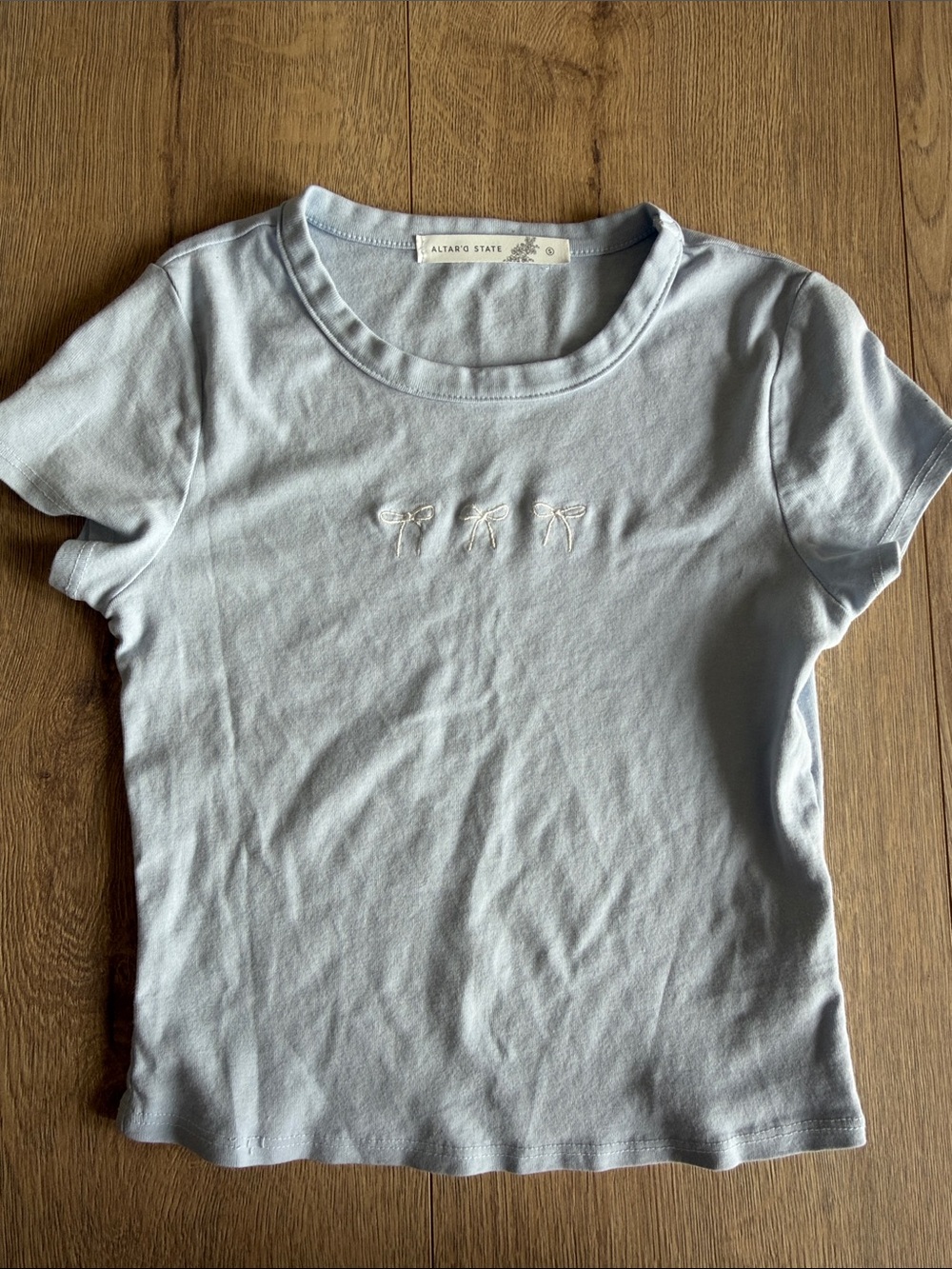 Altar'd State Light Blue Short Sleeve Tee with Embroidered Bows - Small